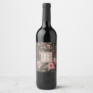 Pink Roses/Rustic Wood Monogrammed Wine Label