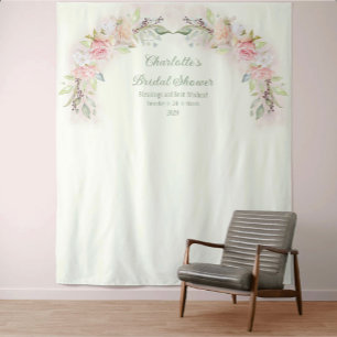 Pink Roses Sage Green Bridal Shower Photo Backdrop Tapestry