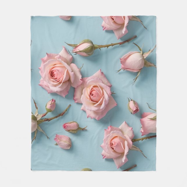 Pink Roses Scattered Across Light Blue Background Fleece Blanket (Front)