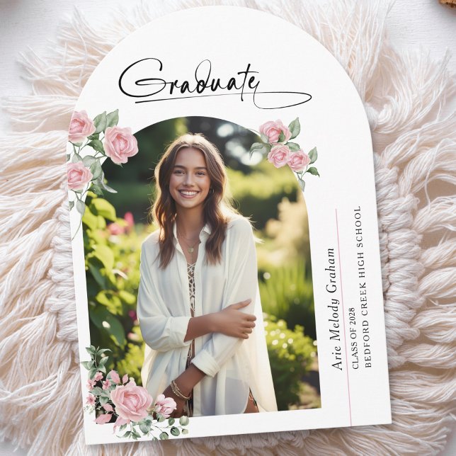 Pink Roses Script Photo Graduation Announcement (Creator Uploaded)