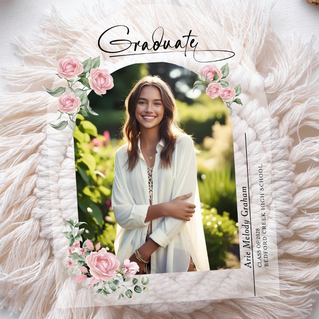Pink Roses Script Photo Graduation Announcement (Creator Uploaded)