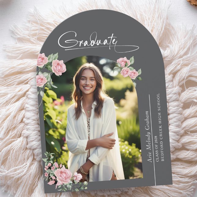 Pink Roses Script Photo Graduation Announcement (Creator Uploaded)