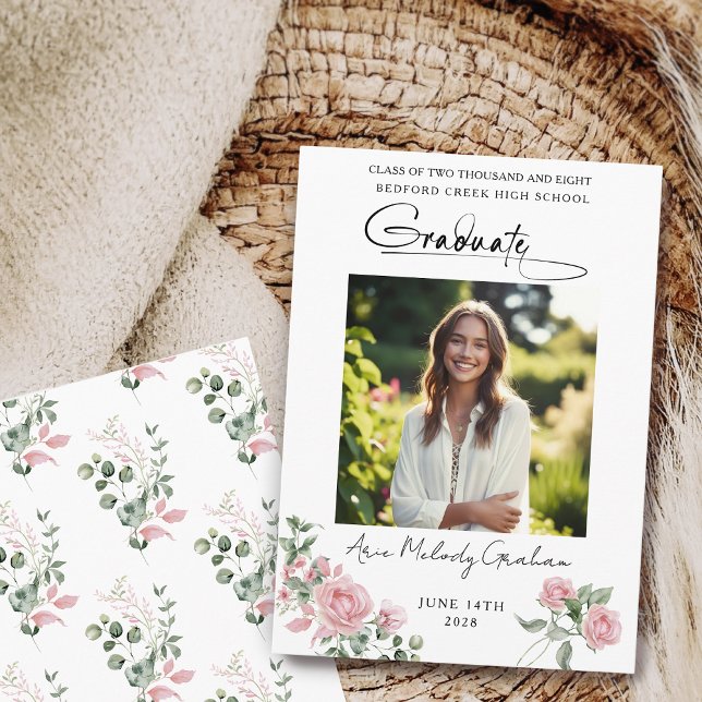 Pink Roses Script Photo Graduation Announcement (Creator Uploaded)