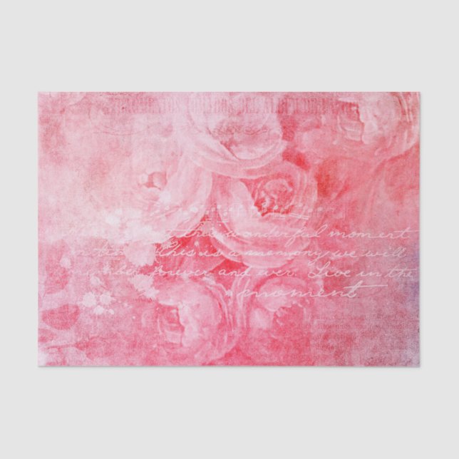 Pink Roses Script Writing Distressed Antique  Tissue Paper (Front)
