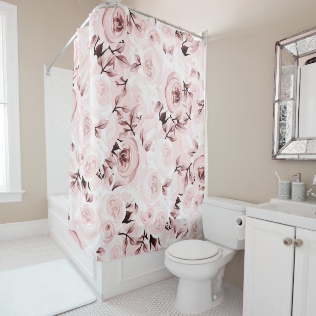 Pink Roses Shabby Chic Glam Floral Decor Shower Curtain (In Situ)