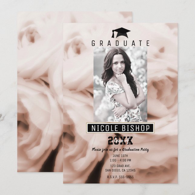 Pink Roses Shabby Chic Graduation Photo Party Invitation (Front/Back)
