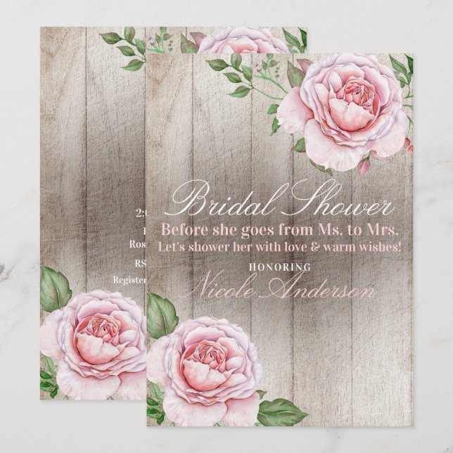 Pink Roses Shabby Chic White Rustic Bridal Shower Invitation (Front/Back)