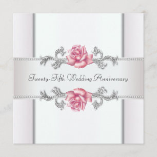 Pink Roses Silver 25th Wedding Anniversary Invitation