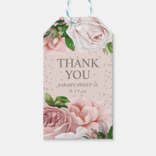 Pink Roses Silver Glitter Sweet 16 Thank You Gift Tags