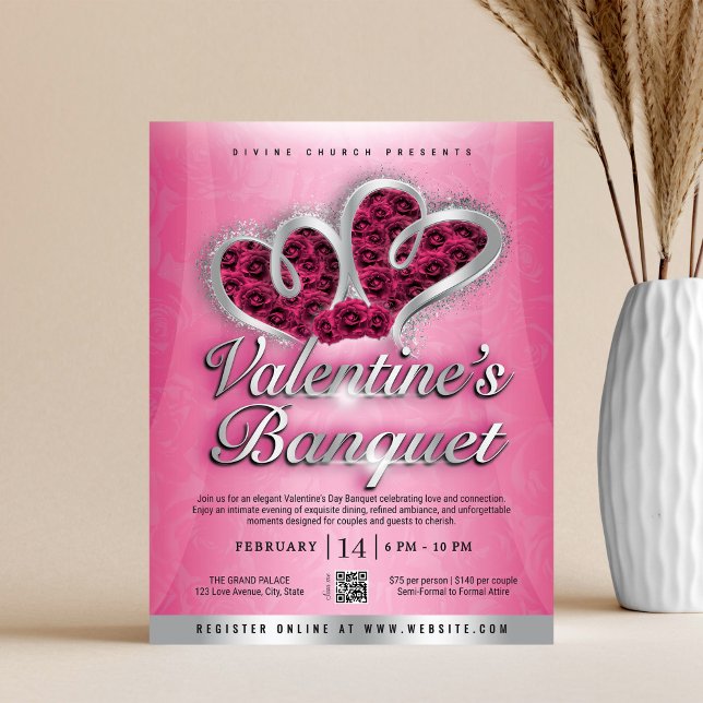 Pink Roses & Silver Hearts Valentine's Banquet Flyer (Creator Uploaded)