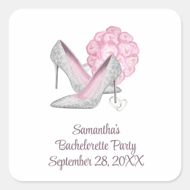 Pink Roses Silver Heels Glam Bachelorette Party  Square Sticker (Front)