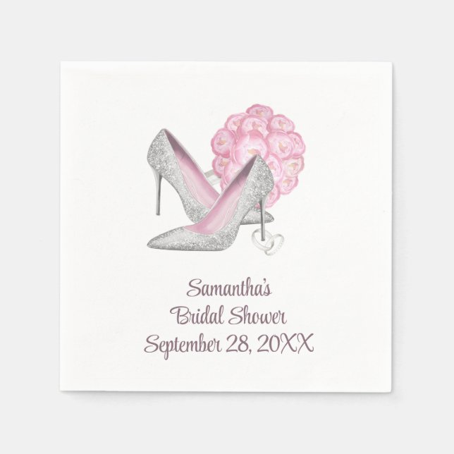 Pink Roses Silver Heels Glam Bridal Shower Napkin (Front)