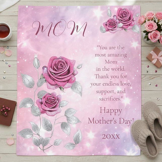 Pink Roses Silver Leaves Sparkling Mum's Fleece Blanket (Creator Uploaded)
