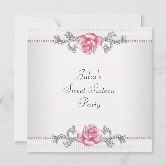 Pink Roses Silver Pink Sweet Sixteen Party Invitation (Front)