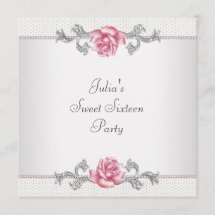 Pink Roses Silver Pink Sweet Sixteen Party Invitation