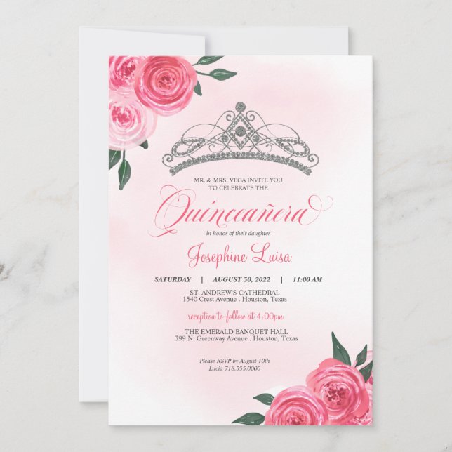 Pink Roses Silver Tiara Quinceañera Watercolor Invitation (Front)