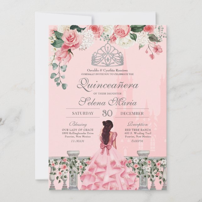 Pink Roses Silver Tiara Royal Princess Quinceañera Invitation (Front)