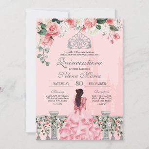 Pink Roses Silver Tiara Royal Princess Quinceañera Invitation