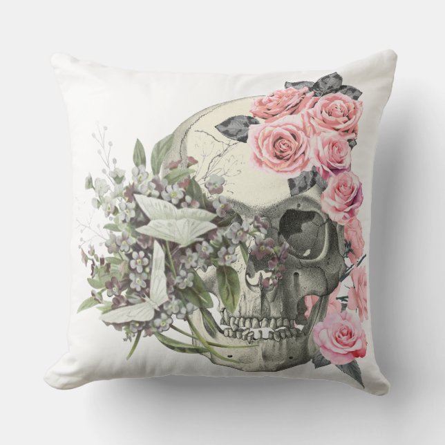 Pink Roses Skull Cushion (Front)