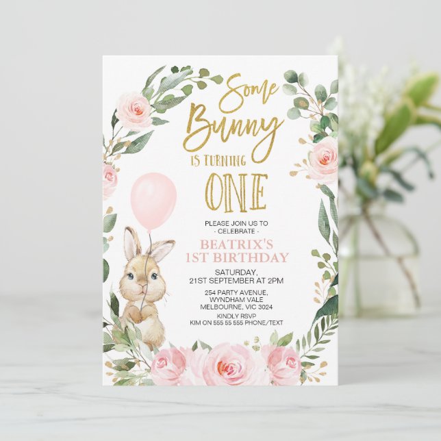Pink Roses Some Bunny Turning One 1st Birthday Invitation (Standing Front)