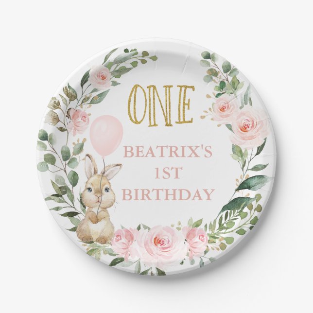 Pink Roses Some Bunny Turning One 1st Birthday Paper Plate (Front)