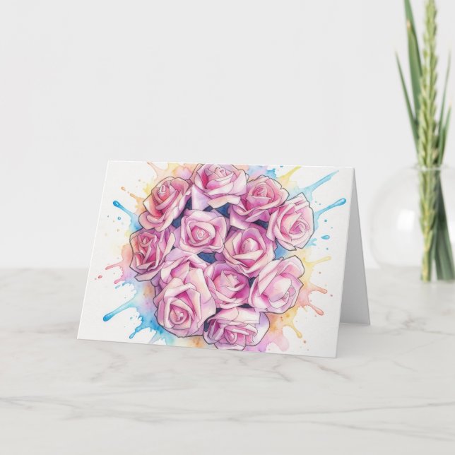 Pink Roses Splash Art Note Card (Front)