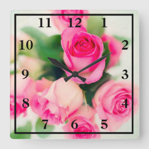 Pink Roses Square Wall Clock