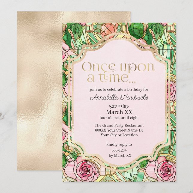Pink Roses Stained Glass Sleeping Beauty Fairytale Invitation (Front/Back)