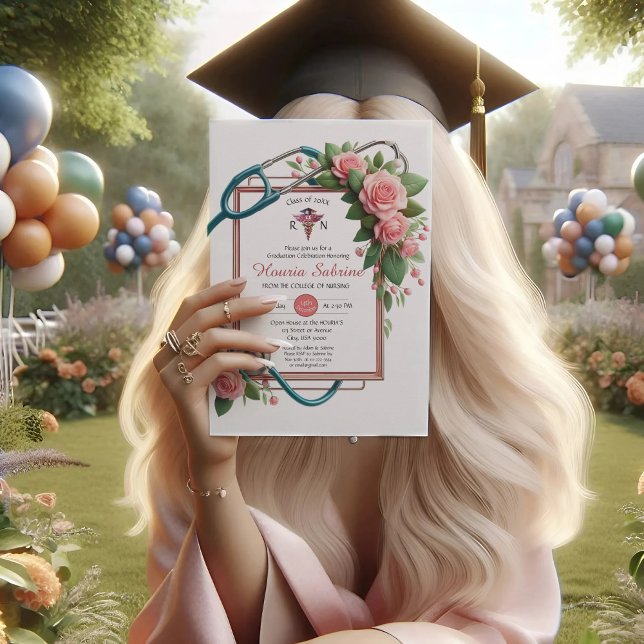 Pink Roses Stethoscope Nurse Graduation invitation (Creator Uploaded)