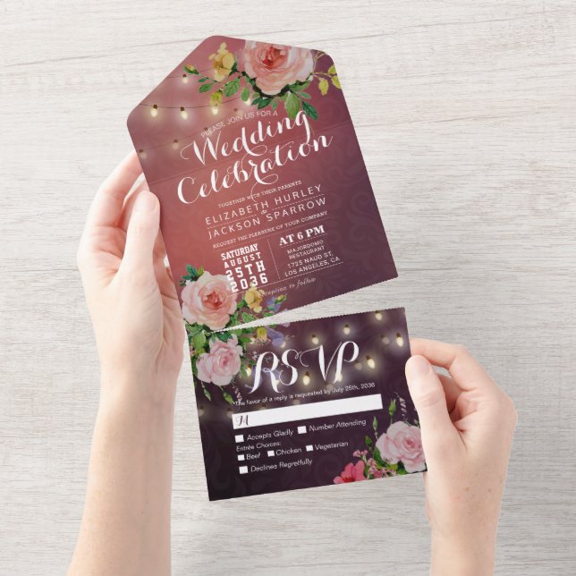 Pink Roses String Lights Burgundy Red Wedding RSVP All In One Invitation (Tearaway)