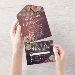 Pink Roses String Lights Burgundy Red Wedding RSVP All In One Invitation