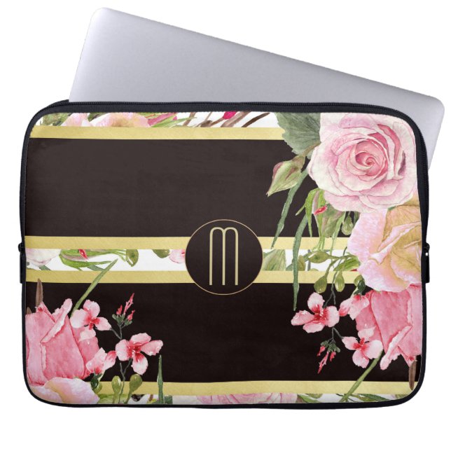 Pink Roses Stripe Pattern Monogram Laptop Sleeve (Front)