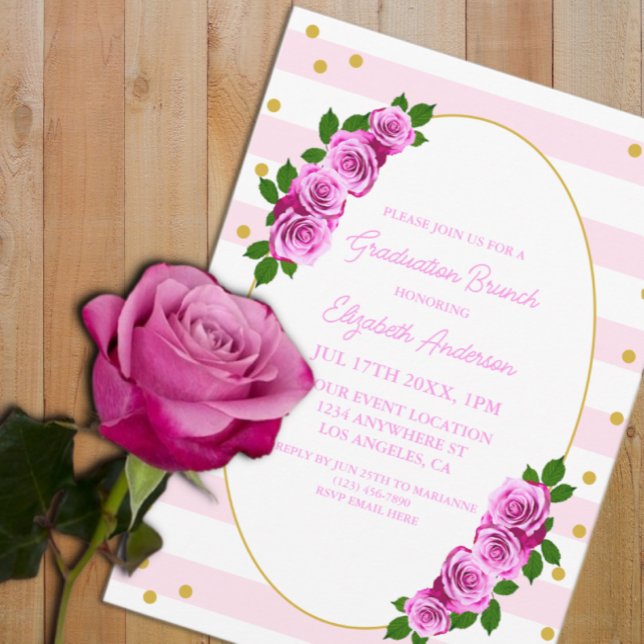 Pink Roses Striped Graduation Brunch Invitation (Creator Uploaded)