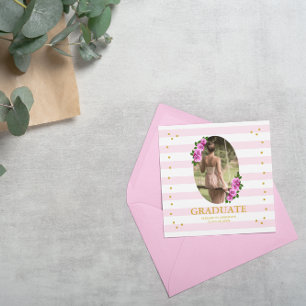 Pink Roses Striped Graduation Name Card