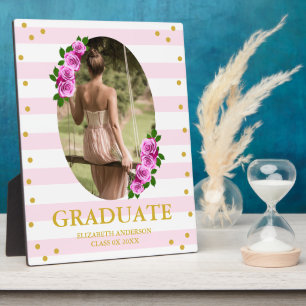 Pink Roses Striped Graduation Plaque