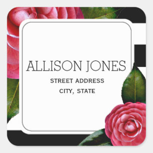 Pink Roses + Stripes Address Sticker