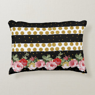 Pink roses stripes gold faux glitter polka dots decorative cushion