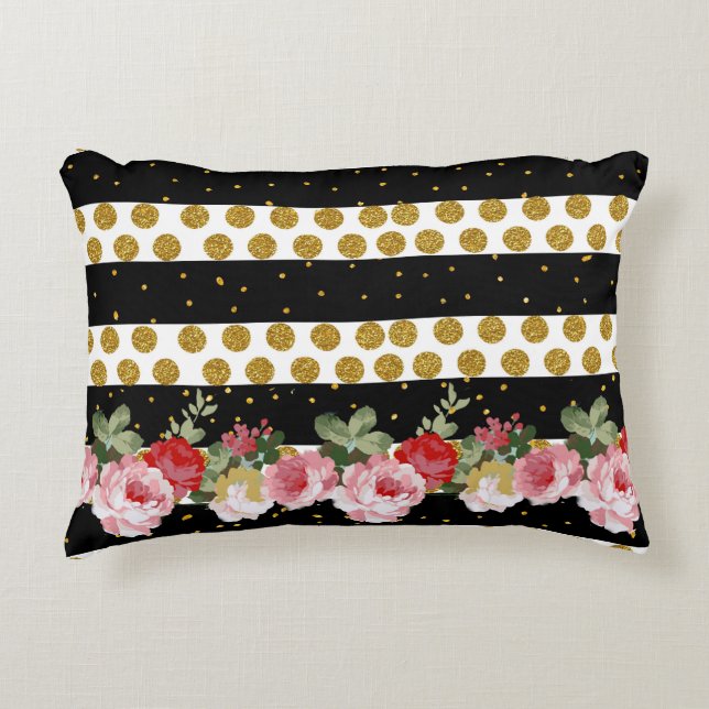 Pink roses stripes gold faux glitter polka dots decorative cushion (Front)