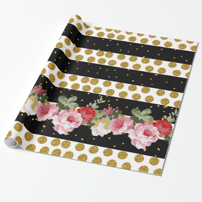 Pink roses stripes gold faux glitter polka dots wrapping paper (Unrolled)