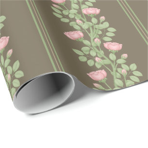 Pink Roses & Stripes on Brown Wrapping Paper