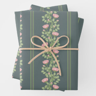Pink Roses & Stripes on Slate Blue Wrapping Paper Sheet