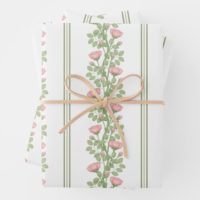 Pink Roses & Stripes on White Wrapping Paper Sheet (In situ)