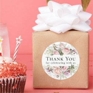Pink Roses Summer Floral Thank You Favour Classic Round Sticker