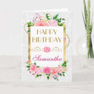 Pink Roses Summer Flowers Gold Foil Birthday Card