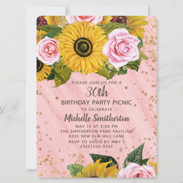 Pink Roses Sunflowers Gold Glitter 30th Birthday Invitation (Front)