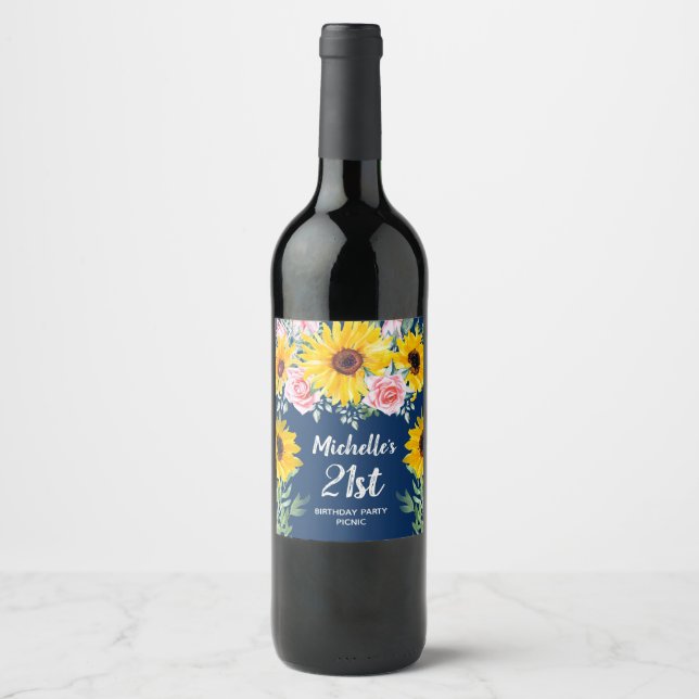 Pink Roses Sunflowers Navy Blue 21st Birthday    Wine Label (Front)