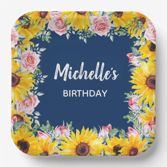 Pink Roses Sunflowers Navy Blue Birthday Paper Plate (Front)