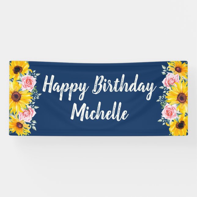 Pink Roses Sunflowers Navy Blue Happy Birthday Banner (Horizontal)