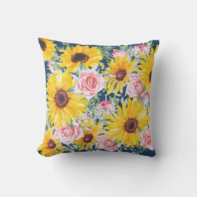 Pink Roses Sunflowers Navy Blue Porch Patio Cushion (Front)