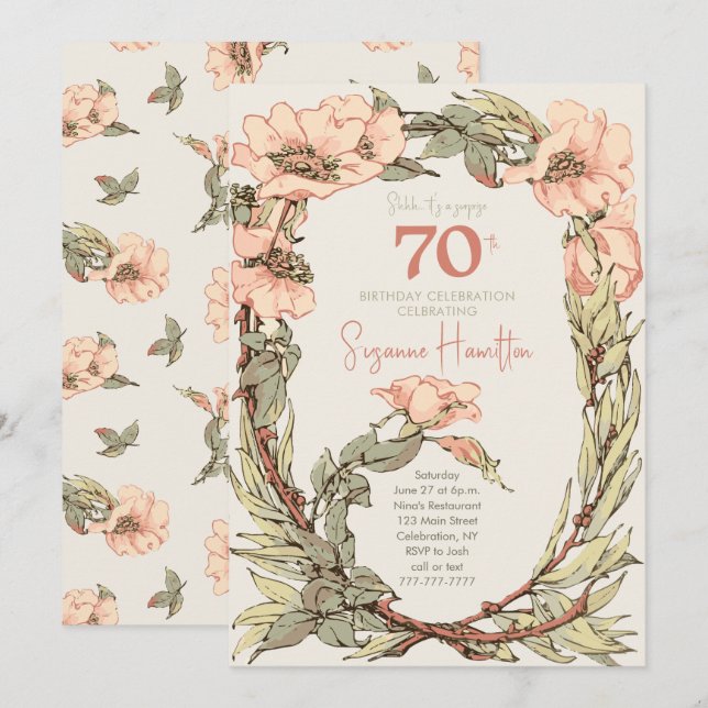 Pink Roses Surprise Floral 70th Birthday Invitation (Front/Back)